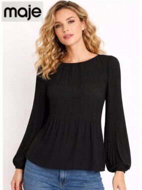 Maje Black Pleated Long-Sleeve Blouse size 3 large?
